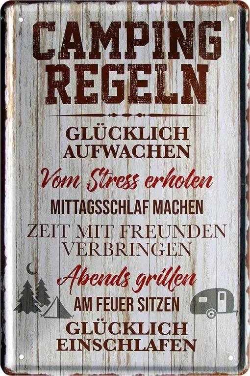 Camping Regeln – Glücklich Aufwachen…Glücklich Einschlafen! – Metallschild – 20×30 cm